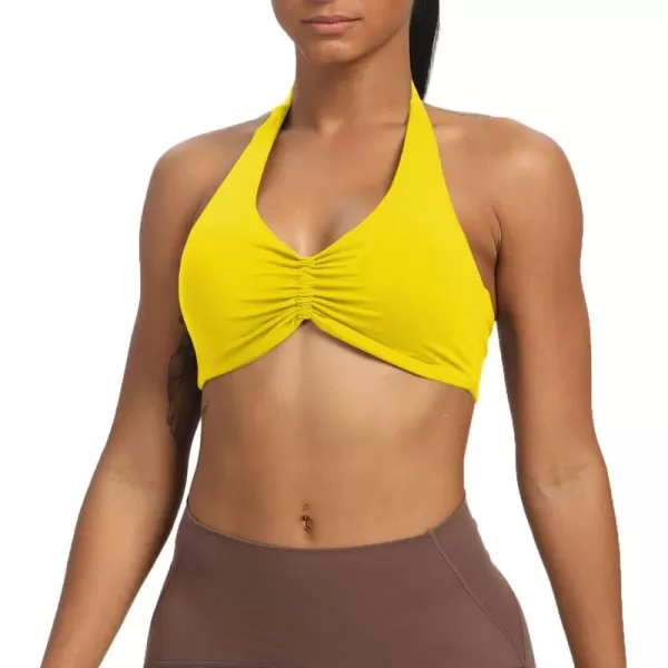 Aoxjox Womens Workout Sports Bras Fitness Backless Padded Taylor Scrunch Halter Bra Yoga Crop Tank TopVibrant Yellow