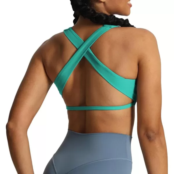 imageAoxjox Womens Workout Sports Bras Square Neck Emma Cross Back Fitness Padded Training Gym Bra Yoga Crop Tank TopTurquoise