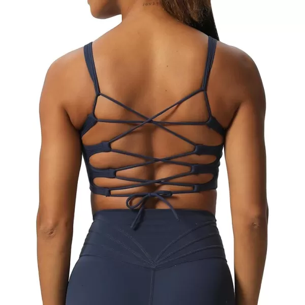 Aoxjox Womens Workout Thalia Tie Sports Bras Crisscross Back Fitness Training Gym Bra Yoga Crop Tank TopNavy