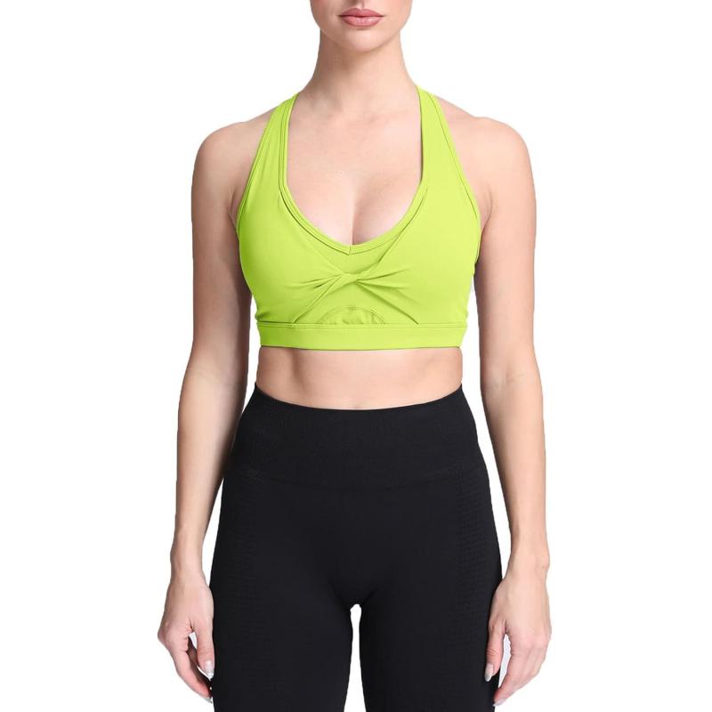 imageAoxjox Twist Sports Bras for Women Workout Fitness Training Elegance V Neck Racerback Yoga Crop Tank TopBright Yellow
