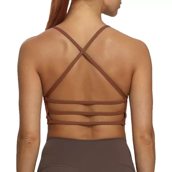 imageAoxjox Womens Workout Sports Bras Fitness Backless Padded Amor Low Impact Bra Yoga Crop Tank TopDandelion Brown