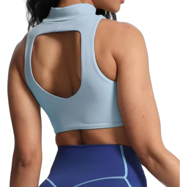imageAoxjox Womens Kim Cutout High Neck Tank Top Workout Sports Bras Fitness Padded Training Gym Bra Yoga CropAiry Blue