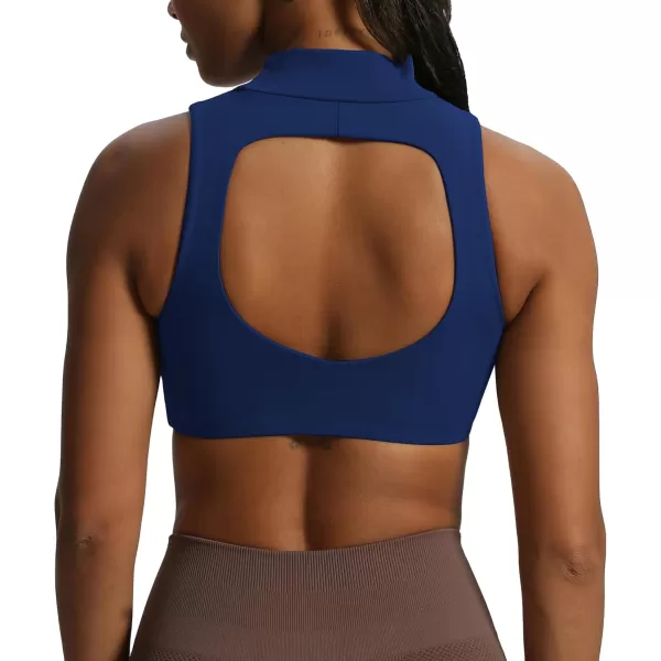 imageAoxjox Womens Kim Cutout High Neck Tank Top Workout Sports Bras Fitness Padded Training Gym Bra Yoga CropBellwether Blue
