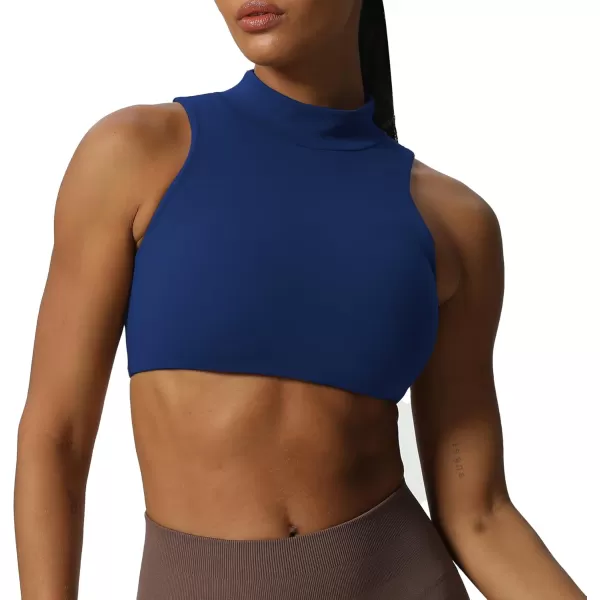 imageAoxjox Womens Kim Cutout High Neck Tank Top Workout Sports Bras Fitness Padded Training Gym Bra Yoga CropBellwether Blue