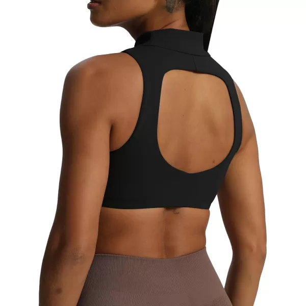 imageAoxjox Womens Kim Cutout High Neck Tank Top Workout Sports Bras Fitness Padded Training Gym Bra Yoga CropBlack