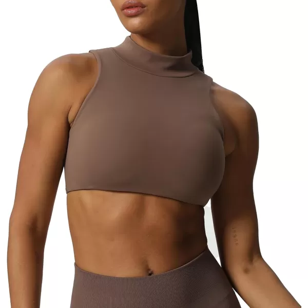 imageAoxjox Womens Kim Cutout High Neck Tank Top Workout Sports Bras Fitness Padded Training Gym Bra Yoga CropFudge Coffee