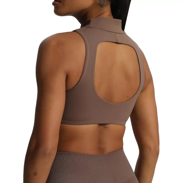 imageAoxjox Womens Kim Cutout High Neck Tank Top Workout Sports Bras Fitness Padded Training Gym Bra Yoga CropFudge Coffee