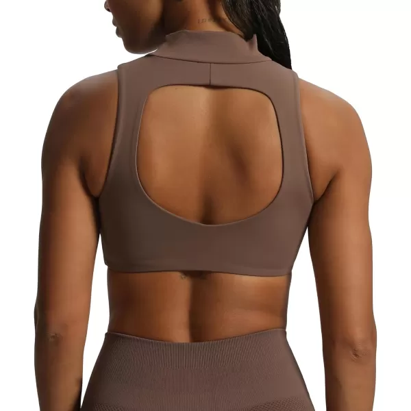 imageAoxjox Womens Kim Cutout High Neck Tank Top Workout Sports Bras Fitness Padded Training Gym Bra Yoga CropFudge Coffee