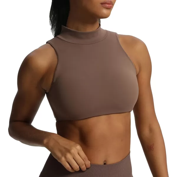 imageAoxjox Womens Kim Cutout High Neck Tank Top Workout Sports Bras Fitness Padded Training Gym Bra Yoga CropFudge Coffee