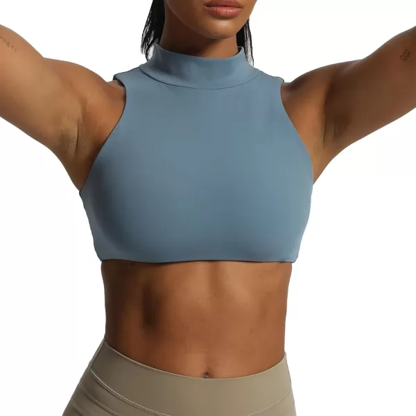 imageAoxjox Womens Kim Cutout High Neck Tank Top Workout Sports Bras Fitness Padded Training Gym Bra Yoga CropSteel Blue