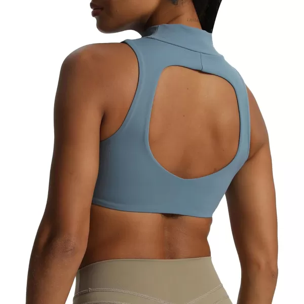 imageAoxjox Womens Kim Cutout High Neck Tank Top Workout Sports Bras Fitness Padded Training Gym Bra Yoga CropSteel Blue