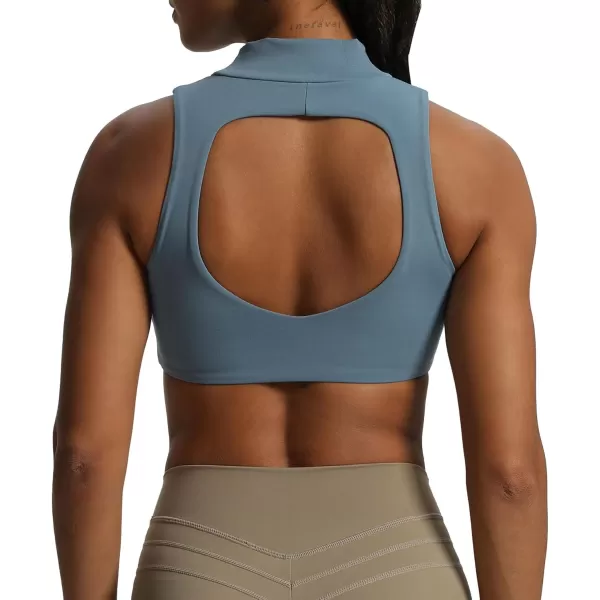 imageAoxjox Womens Kim Cutout High Neck Tank Top Workout Sports Bras Fitness Padded Training Gym Bra Yoga CropSteel Blue