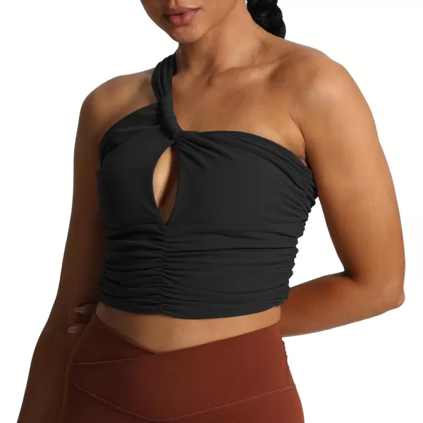 imageAoxjox Womens One Shoulder Sports Bras Ruched Asymmetrical Chrishell Workout Fitness Training Gym Bra Yoga Crop Tank TopBlack