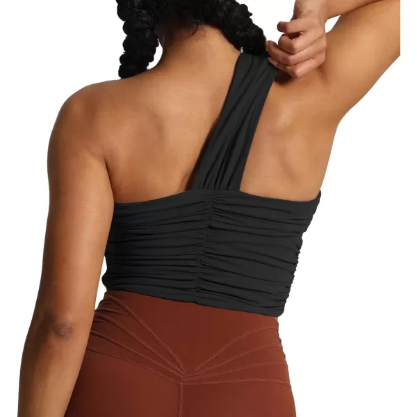 imageAoxjox Womens One Shoulder Sports Bras Ruched Asymmetrical Chrishell Workout Fitness Training Gym Bra Yoga Crop Tank TopBlack