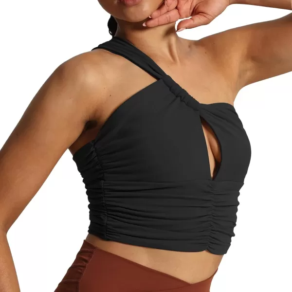 imageAoxjox Womens One Shoulder Sports Bras Ruched Asymmetrical Chrishell Workout Fitness Training Gym Bra Yoga Crop Tank TopBlack