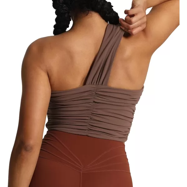 imageAoxjox Womens One Shoulder Sports Bras Ruched Asymmetrical Chrishell Workout Fitness Training Gym Bra Yoga Crop Tank TopFudge Coffee