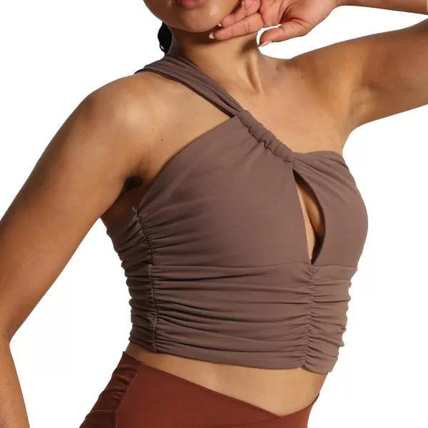 imageAoxjox Womens One Shoulder Sports Bras Ruched Asymmetrical Chrishell Workout Fitness Training Gym Bra Yoga Crop Tank TopFudge Coffee