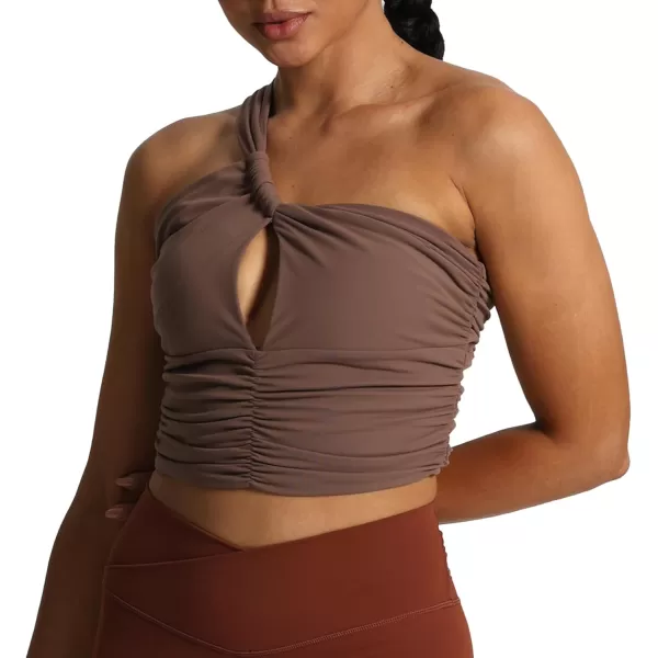imageAoxjox Womens One Shoulder Sports Bras Ruched Asymmetrical Chrishell Workout Fitness Training Gym Bra Yoga Crop Tank TopFudge Coffee