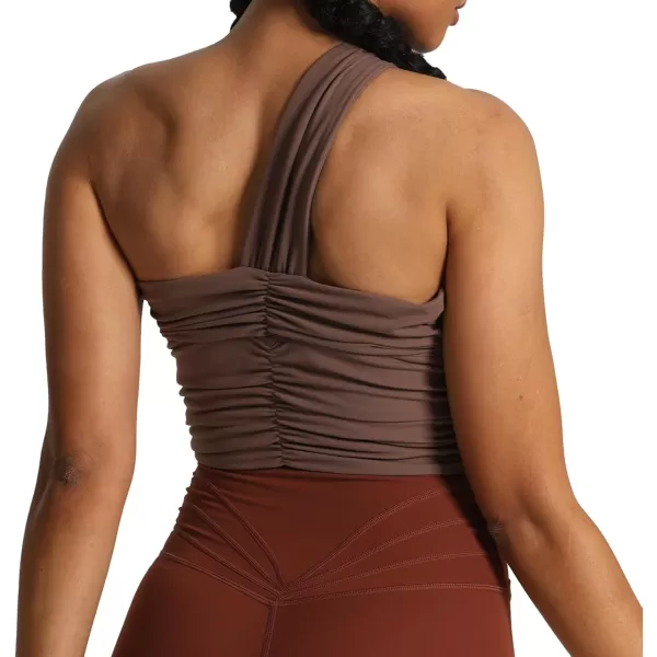 imageAoxjox Womens One Shoulder Sports Bras Ruched Asymmetrical Chrishell Workout Fitness Training Gym Bra Yoga Crop Tank TopFudge Coffee