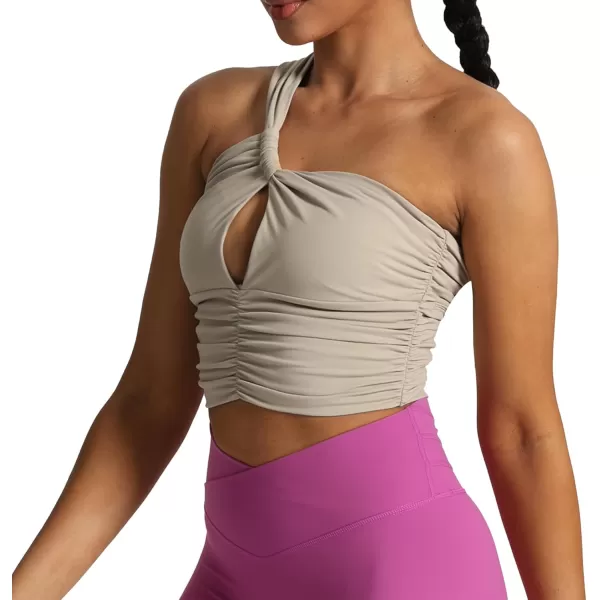 imageAoxjox Womens One Shoulder Sports Bras Ruched Asymmetrical Chrishell Workout Fitness Training Gym Bra Yoga Crop Tank TopMink
