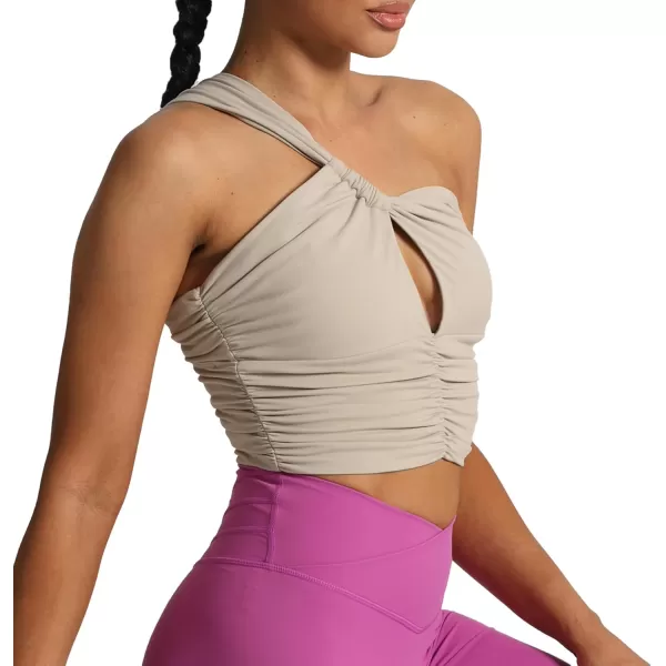 imageAoxjox Womens One Shoulder Sports Bras Ruched Asymmetrical Chrishell Workout Fitness Training Gym Bra Yoga Crop Tank TopMink