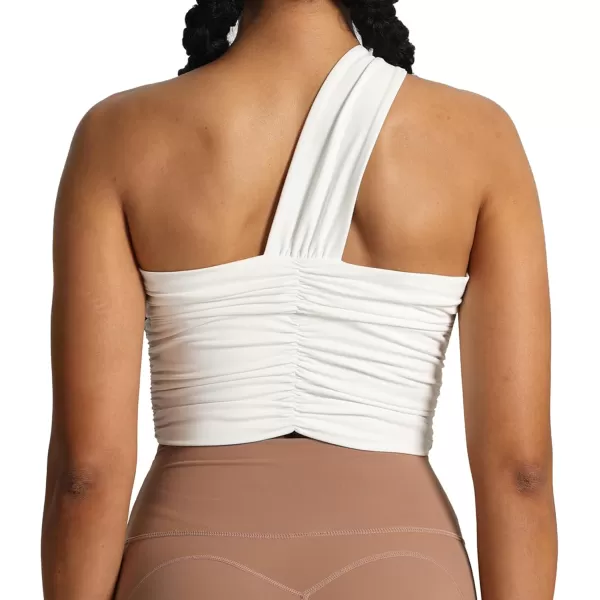 imageAoxjox Womens One Shoulder Sports Bras Ruched Asymmetrical Chrishell Workout Fitness Training Gym Bra Yoga Crop Tank TopWhite