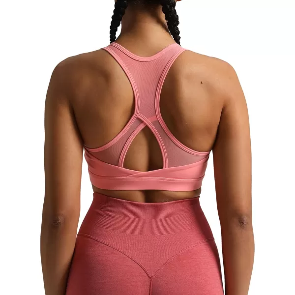 imageAoxjox Womens Workout Sports Bras Hilary Mesh Fitness Padded Training High Impact Gym Bra Yoga Crop Tank TopSalmon Rose