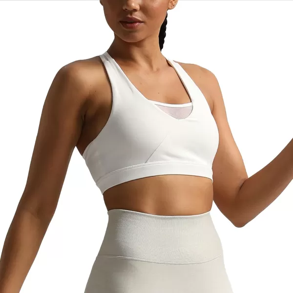 imageAoxjox Womens Workout Sports Bras Hilary Mesh Fitness Padded Training High Impact Gym Bra Yoga Crop Tank TopWhite