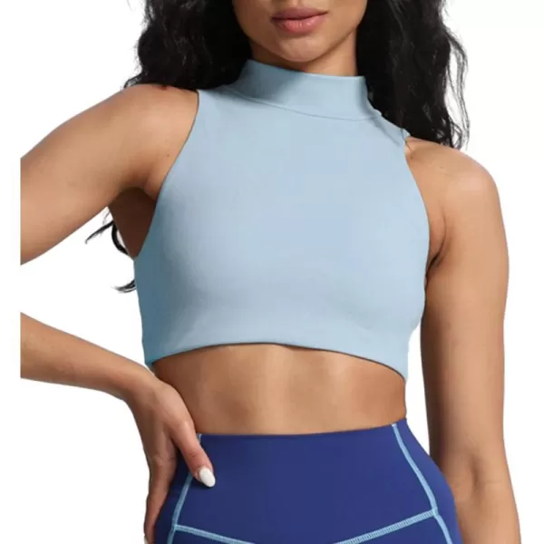 imageAoxjox Womens Kim Cutout High Neck Tank Top Workout Sports Bras Fitness Padded Training Gym Bra Yoga CropAiry Blue
