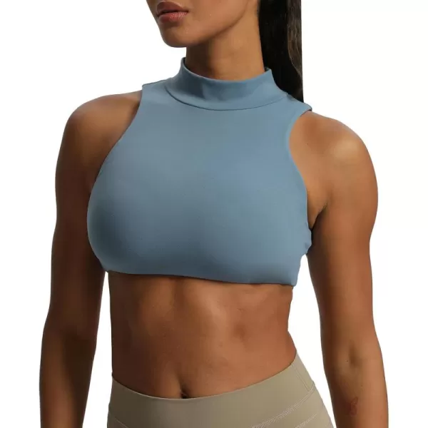 imageAoxjox Womens Kim Cutout High Neck Tank Top Workout Sports Bras Fitness Padded Training Gym Bra Yoga CropSteel Blue