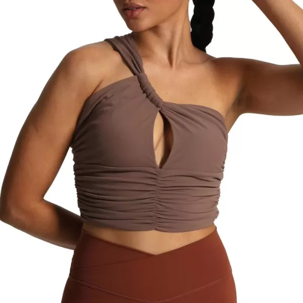 imageAoxjox Womens One Shoulder Sports Bras Ruched Asymmetrical Chrishell Workout Fitness Training Gym Bra Yoga Crop Tank TopFudge Coffee