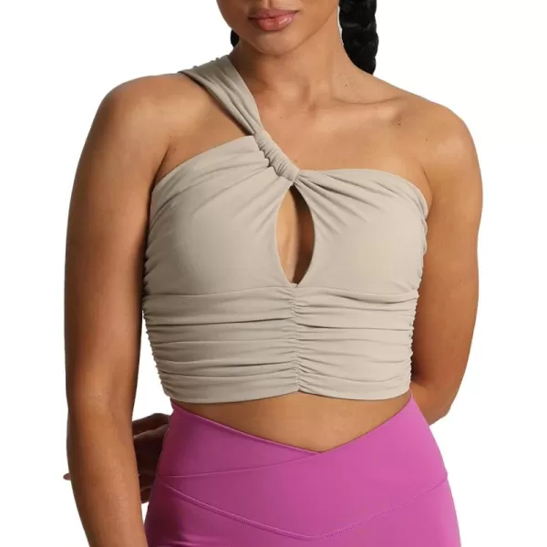 imageAoxjox Womens One Shoulder Sports Bras Ruched Asymmetrical Chrishell Workout Fitness Training Gym Bra Yoga Crop Tank TopMink