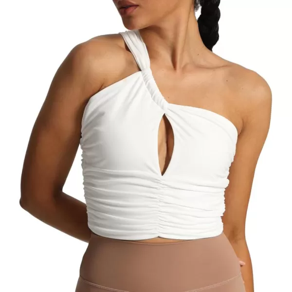 imageAoxjox Womens One Shoulder Sports Bras Ruched Asymmetrical Chrishell Workout Fitness Training Gym Bra Yoga Crop Tank TopWhite