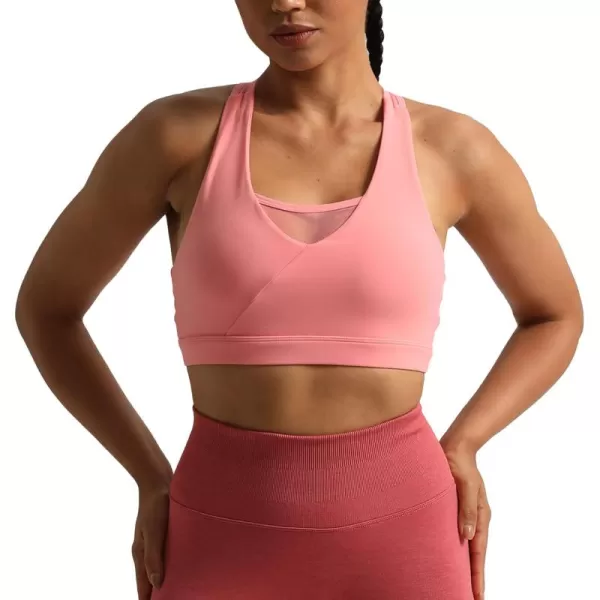 imageAoxjox Womens Workout Sports Bras Hilary Mesh Fitness Padded Training High Impact Gym Bra Yoga Crop Tank TopSalmon Rose