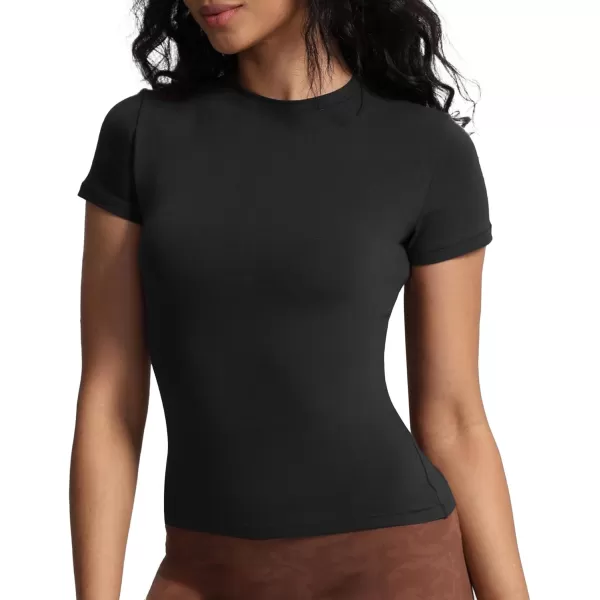 imageAoxjox Womens Casual Basic Tee HIGH Elastic Cotton TShirt Short Sleeve Tops Everyday Crew Neck Slim Fit Basic Tee Y2kBlack