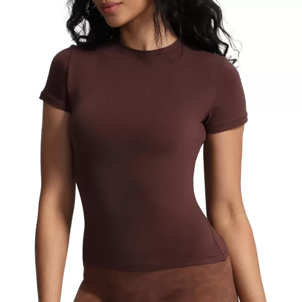 imageAoxjox Womens Casual Basic Tee HIGH Elastic Cotton TShirt Short Sleeve Tops Everyday Crew Neck Slim Fit Basic Tee Y2kDark Coffee