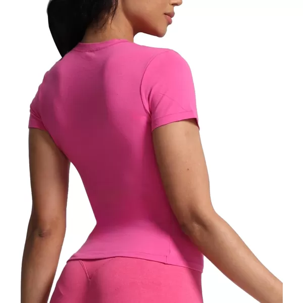 imageAoxjox Womens Casual Basic Tee HIGH Elastic Cotton TShirt Short Sleeve Tops Everyday Crew Neck Slim Fit Basic Tee Y2kRose Pink