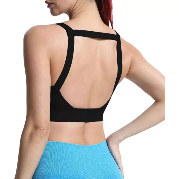 imageAoxjox Womens Workout High Impact Sports Bras Fitness Square Neck Balcony Open Back Bra Yoga Crop Tank TopBlack