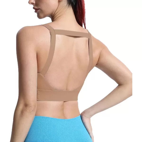 imageAoxjox Womens Workout High Impact Sports Bras Fitness Square Neck Balcony Open Back Bra Yoga Crop Tank TopBrownie
