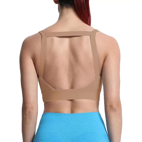 imageAoxjox Womens Workout High Impact Sports Bras Fitness Square Neck Balcony Open Back Bra Yoga Crop Tank TopBrownie