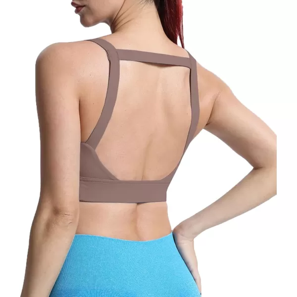 imageAoxjox Womens Workout High Impact Sports Bras Fitness Square Neck Balcony Open Back Bra Yoga Crop Tank TopFudge Coffee