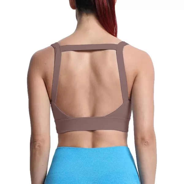imageAoxjox Womens Workout High Impact Sports Bras Fitness Square Neck Balcony Open Back Bra Yoga Crop Tank TopFudge Coffee