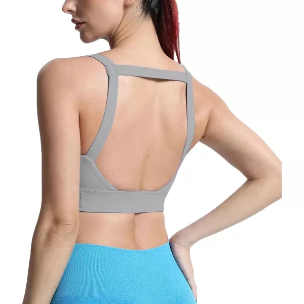 imageAoxjox Womens Workout High Impact Sports Bras Fitness Square Neck Balcony Open Back Bra Yoga Crop Tank TopGrey