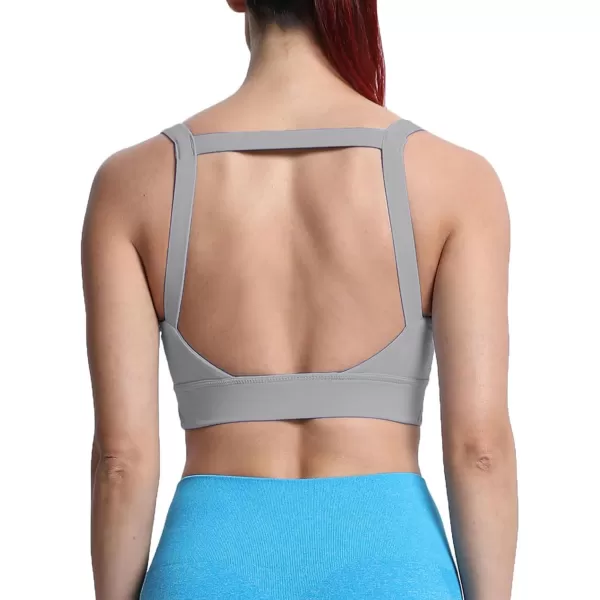 imageAoxjox Womens Workout High Impact Sports Bras Fitness Square Neck Balcony Open Back Bra Yoga Crop Tank TopGrey