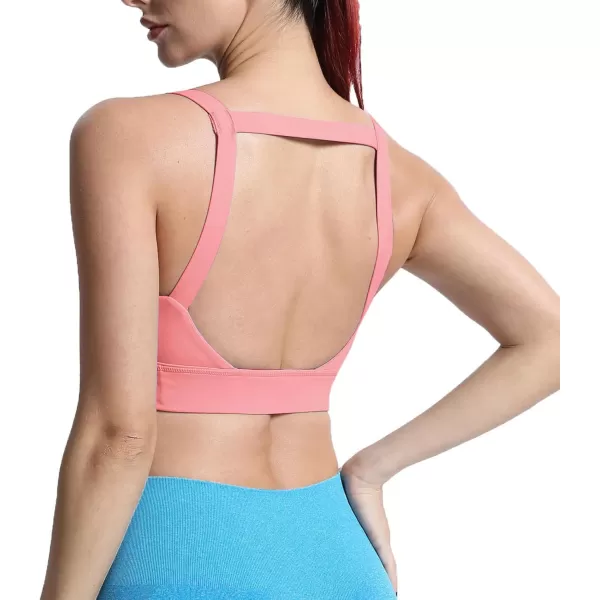 imageAoxjox Womens Workout High Impact Sports Bras Fitness Square Neck Balcony Open Back Bra Yoga Crop Tank TopSalmon Rose