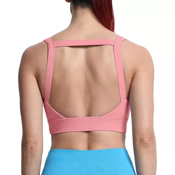 imageAoxjox Womens Workout High Impact Sports Bras Fitness Square Neck Balcony Open Back Bra Yoga Crop Tank TopSalmon Rose