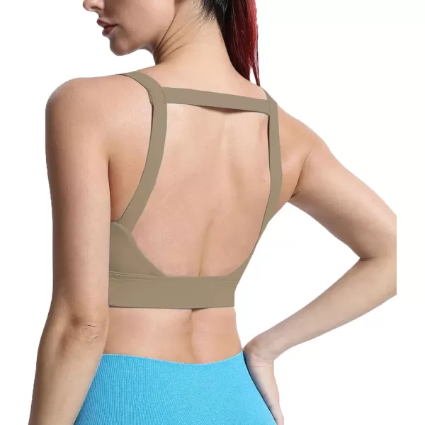 imageAoxjox Womens Workout High Impact Sports Bras Fitness Square Neck Balcony Open Back Bra Yoga Crop Tank TopTaupe