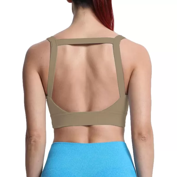 imageAoxjox Womens Workout High Impact Sports Bras Fitness Square Neck Balcony Open Back Bra Yoga Crop Tank TopTaupe