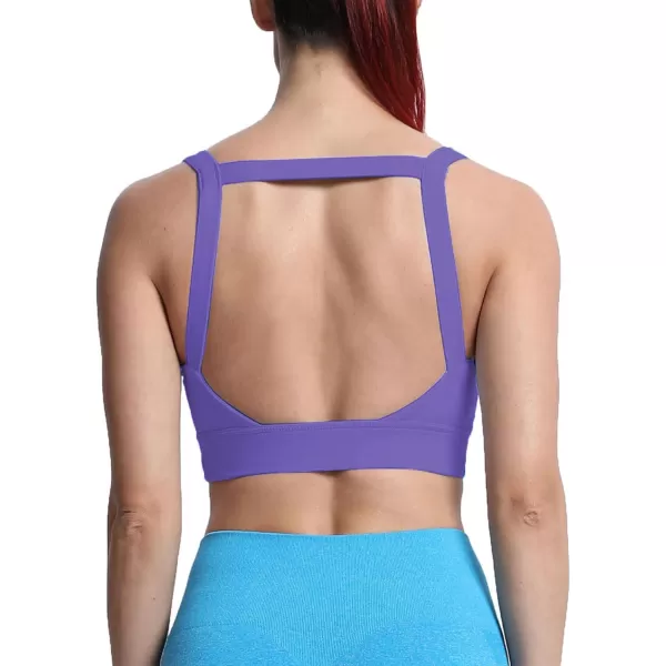 imageAoxjox Womens Workout High Impact Sports Bras Fitness Square Neck Balcony Open Back Bra Yoga Crop Tank TopViolet
