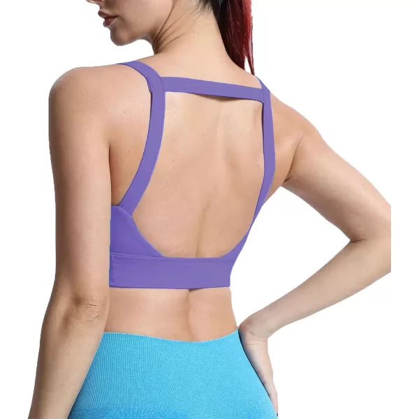 imageAoxjox Womens Workout High Impact Sports Bras Fitness Square Neck Balcony Open Back Bra Yoga Crop Tank TopViolet